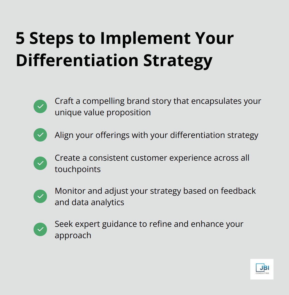 A checkmark list chart showing 5 steps to implement a differentiation strategy: craft a compelling brand story, align your offerings with your strategy, create a consistent customer experience, monitor and adjust your strategy, and seek expert guidance. - competitive differentiation strategy