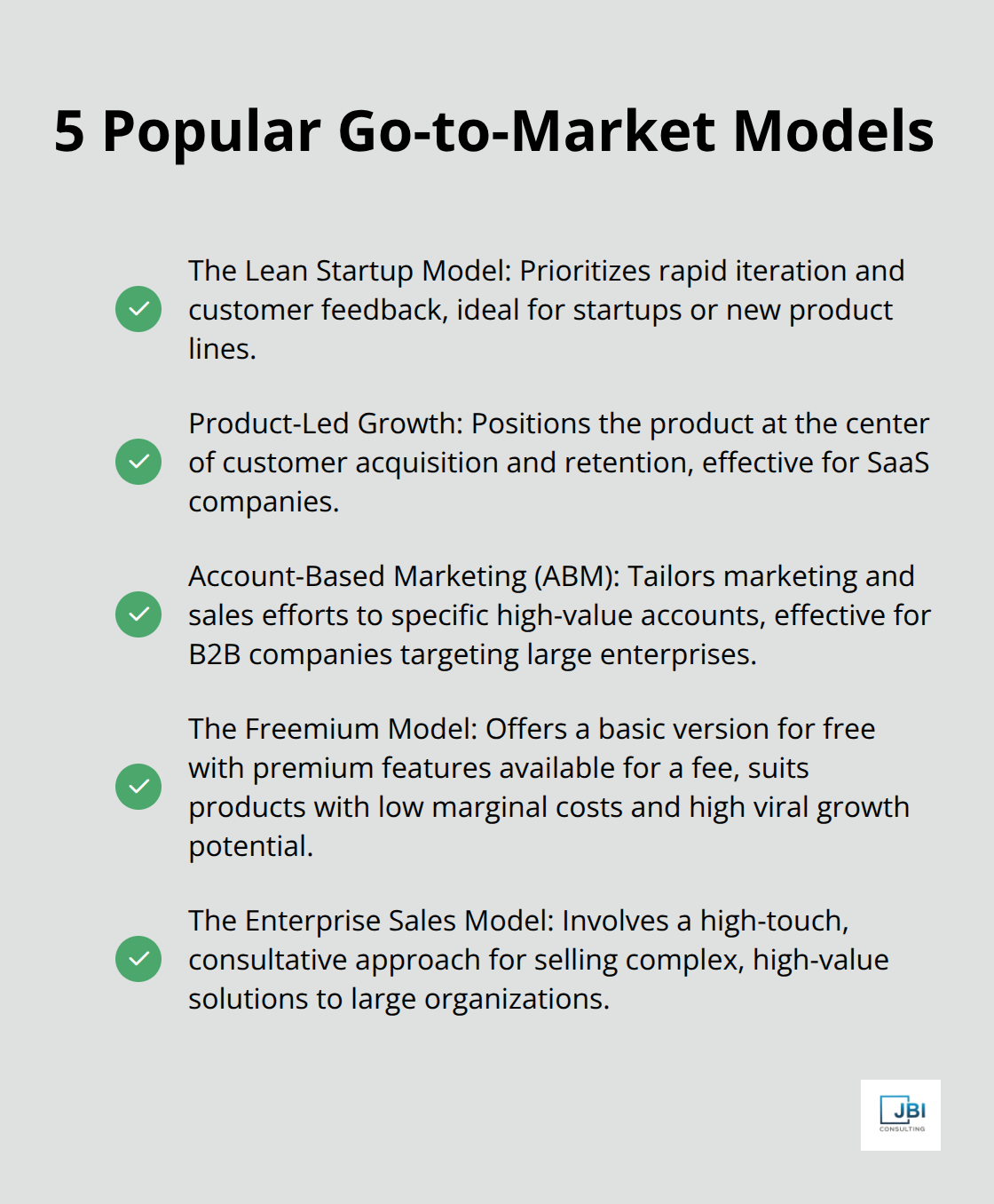 Checkmark list chart showing 5 popular go-to-market models: The Lean Startup Model, Product-Led Growth, Account-Based Marketing (ABM), The Freemium Model, and The Enterprise Sales Model - go to market strategy meaning